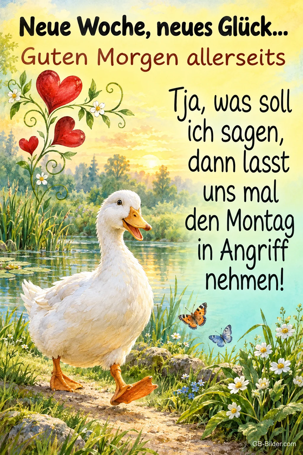 Ente am Uferweg, Text: Neue Woche, neues Glück