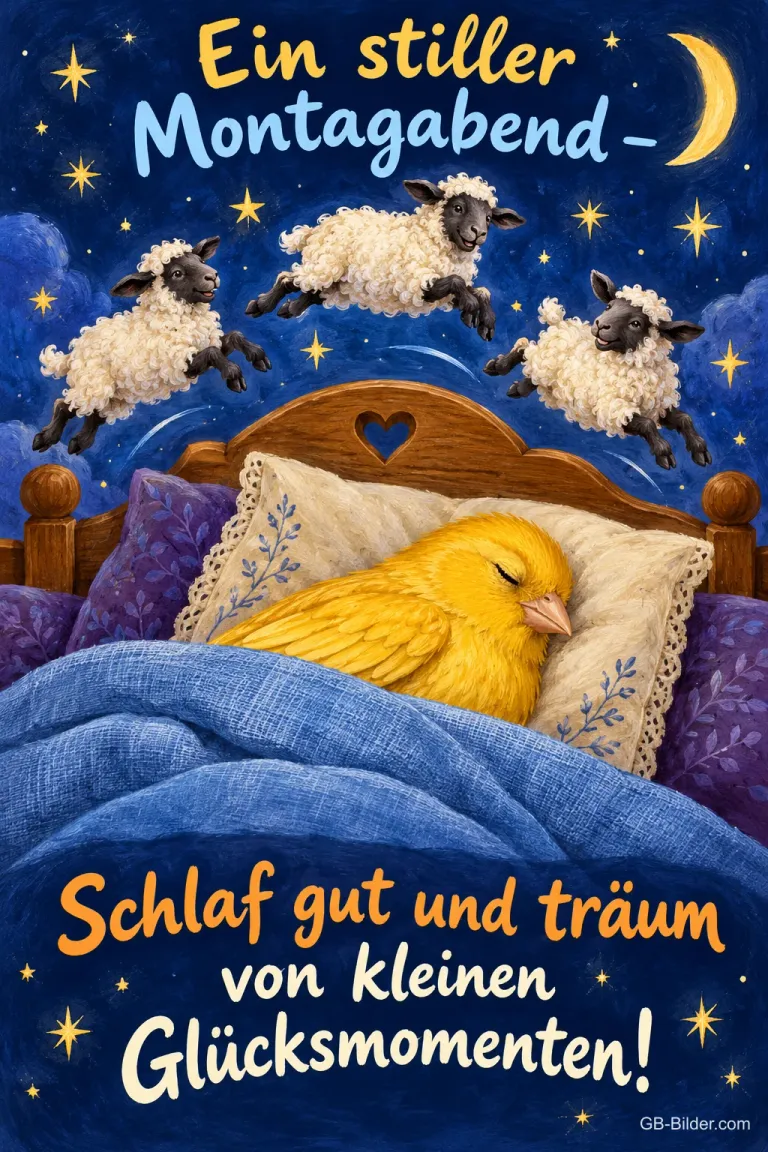 Gelber Vogel schläft im Bett, darüber springen Schafe unter dem Mond, Text: Ein stiller Montagabend – Schlaf gut und träum von kleinen Glücksmomenten!