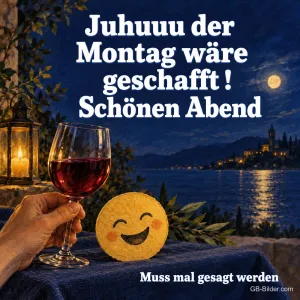 Hand hält ein Glas Rotwein neben einem lachenden Keks am nächtlichen See, Text: Juhuuu der Montag wäre geschafft! Schönen Abend – Muss mal gesagt werden