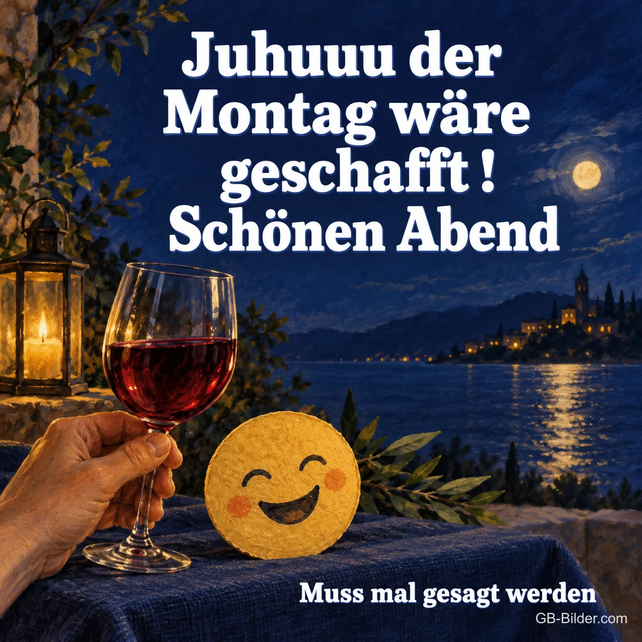 Hand hält ein Glas Rotwein neben einem lachenden Keks am nächtlichen See, Text: Juhuuu der Montag wäre geschafft! Schönen Abend – Muss mal gesagt werden