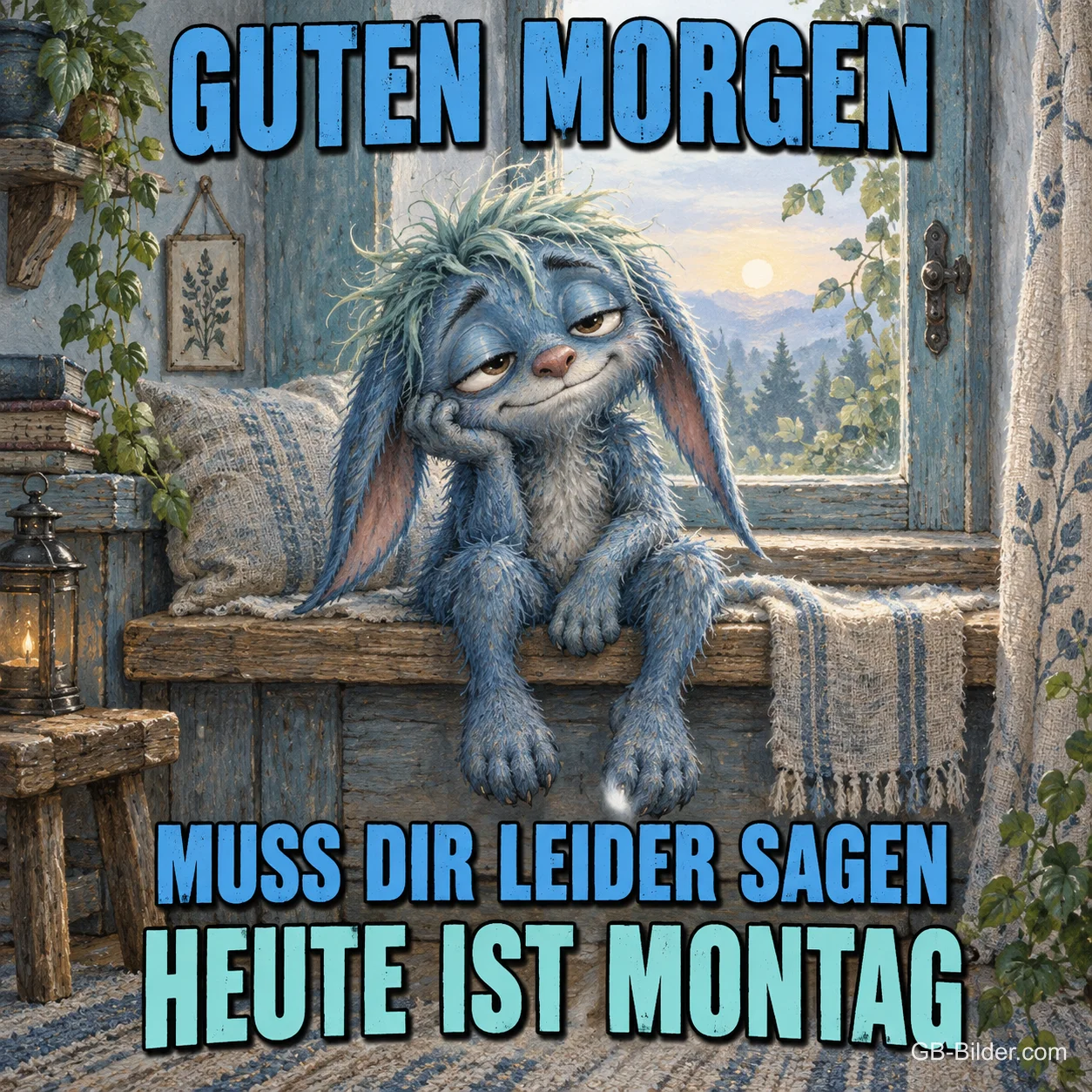 Zerzauster blauer Hase sitzt müde am Fenster, Text: GUTEN MORGEN – MUSS DIR LEIDER SAGEN HEUTE IST MONTAG