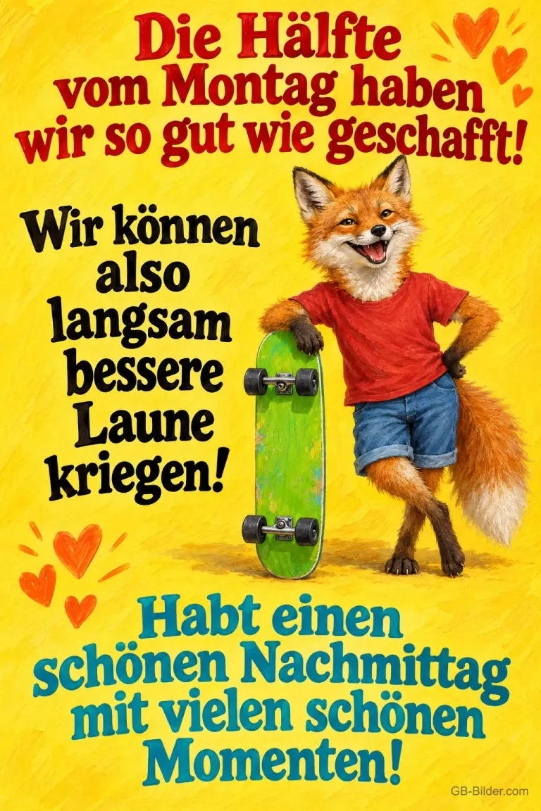 Fuchs im roten Shirt lehnt lachend an einem Skateboard, Text: Die Hälfte vom Montag haben wir so gut wie geschafft! Wir können also langsam bessere Laune kriegen! Habt einen schönen Nachmittag mit vielen schönen Momenten!