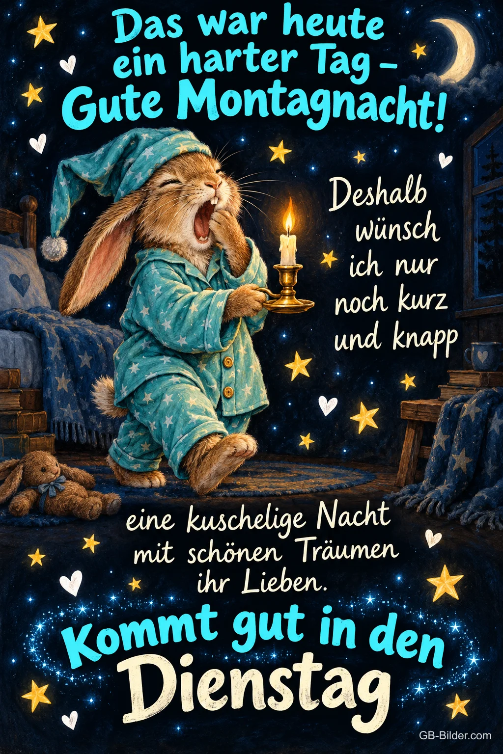 Gähnender Hase in Schlafanzug und Zipfelmütze mit Kerzenhalter unter Sternen, Text: Das war heute ein harter Tag – Gute Montagnacht! Deshalb wünsch ich nur noch kurz und knapp eine kuschelige Nacht mit schönen Träumen ihr Lieben. Kommt gut in den Dienstag