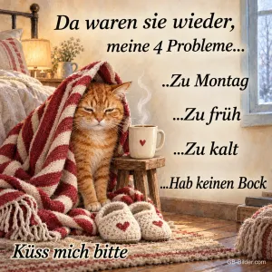 Rote Katze in gestreifter Decke neben Kaffeetasse und Hausschuhen, Text: Da waren sie wieder, meine 4 Probleme… Zu Montag …Zu früh …Zu kalt …Hab keinen Bock – Küss mich bitte