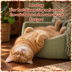 Rote Katze liegt auf dem Rücken im Körbchen, Text: Montag – Wer hat diesen Tag erfunden? Im nächsten Leben werde ich Katze!