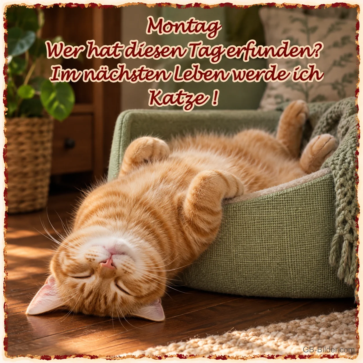 Rote Katze liegt auf dem Rücken im Körbchen, Text: Montag – Wer hat diesen Tag erfunden? Im nächsten Leben werde ich Katze!