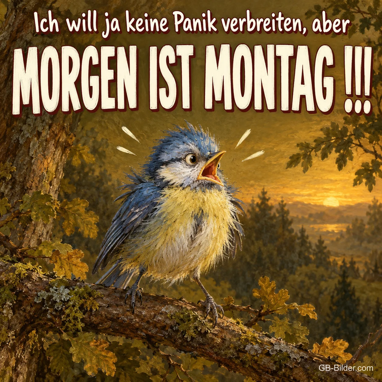 Erschrockene Blaumeise auf einem Ast im Wald, Text: Ich will ja keine Panik verbreiten, aber MORGEN IST MONTAG!!!