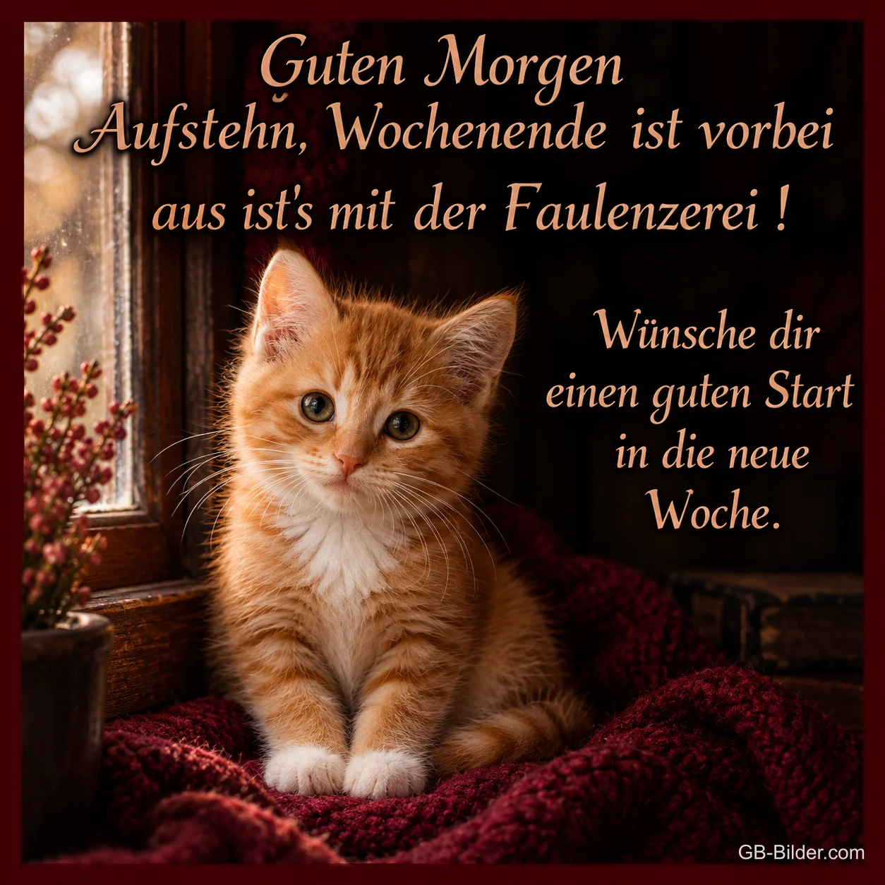 Rotes Kätzchen sitzt auf einer roten Decke am Fenster, Text: Guten Morgen – Aufstehn, Wochenende ist vorbei, aus ist’s mit der Faulenzerei! Wünsche dir einen guten Start in die neue Woche.