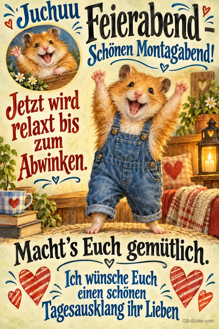 Hamster in Latzhose reißt jubelnd die Arme hoch, gemütliches Zimmer mit Herzen, Text: Juchuu Feierabend – Schönen Montagabend! Jetzt wird relaxt bis zum Abwinken. Macht’s Euch gemütlich. Ich wünsche Euch einen schönen Tagesausklang ihr Lieben