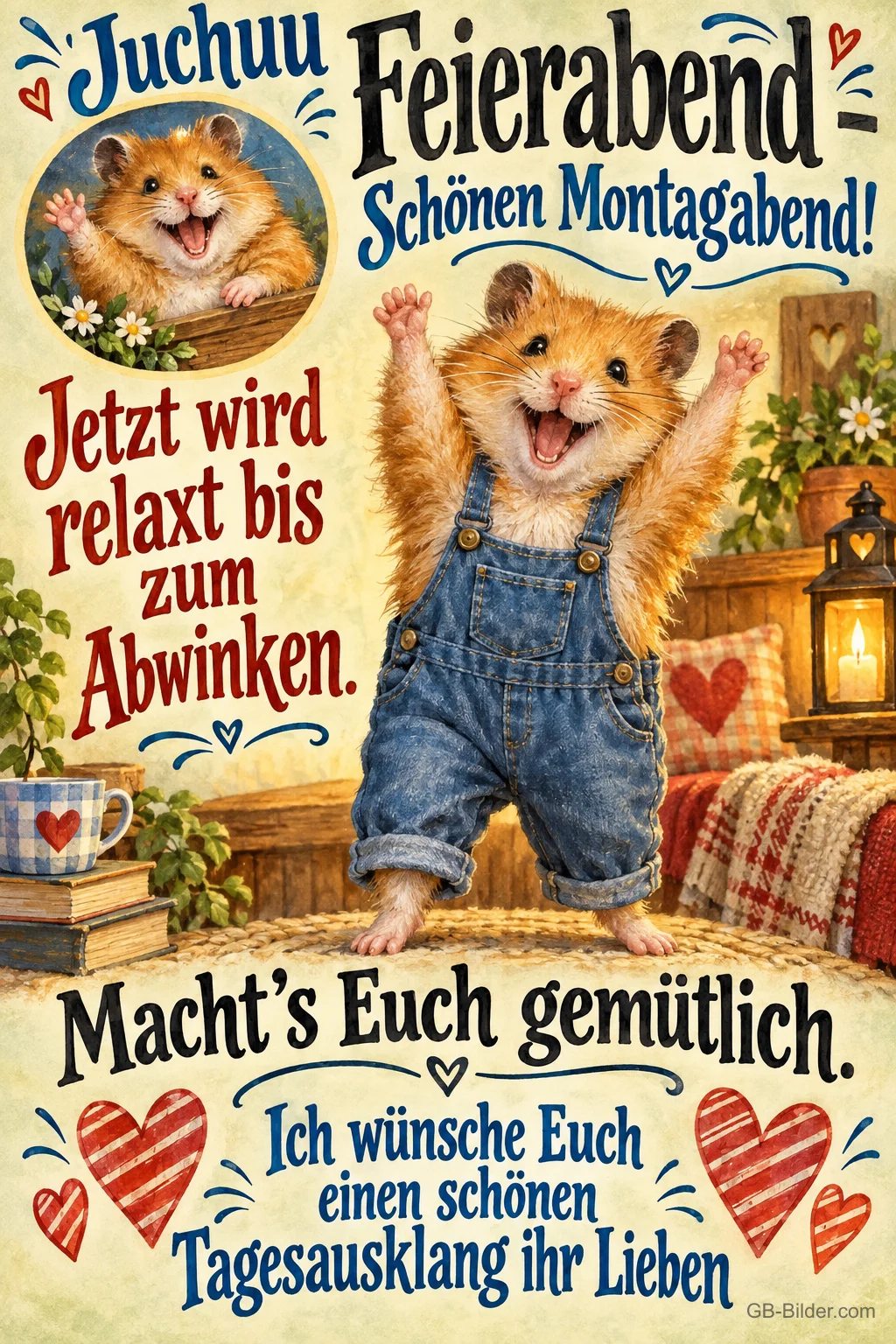 Hamster in Latzhose reißt jubelnd die Arme hoch, gemütliches Zimmer mit Herzen, Text: Juchuu Feierabend – Schönen Montagabend! Jetzt wird relaxt bis zum Abwinken. Macht’s Euch gemütlich. Ich wünsche Euch einen schönen Tagesausklang ihr Lieben