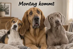 Beagle, Bluthund und Weimaraner schauen erschrocken, Text: Montag kommt