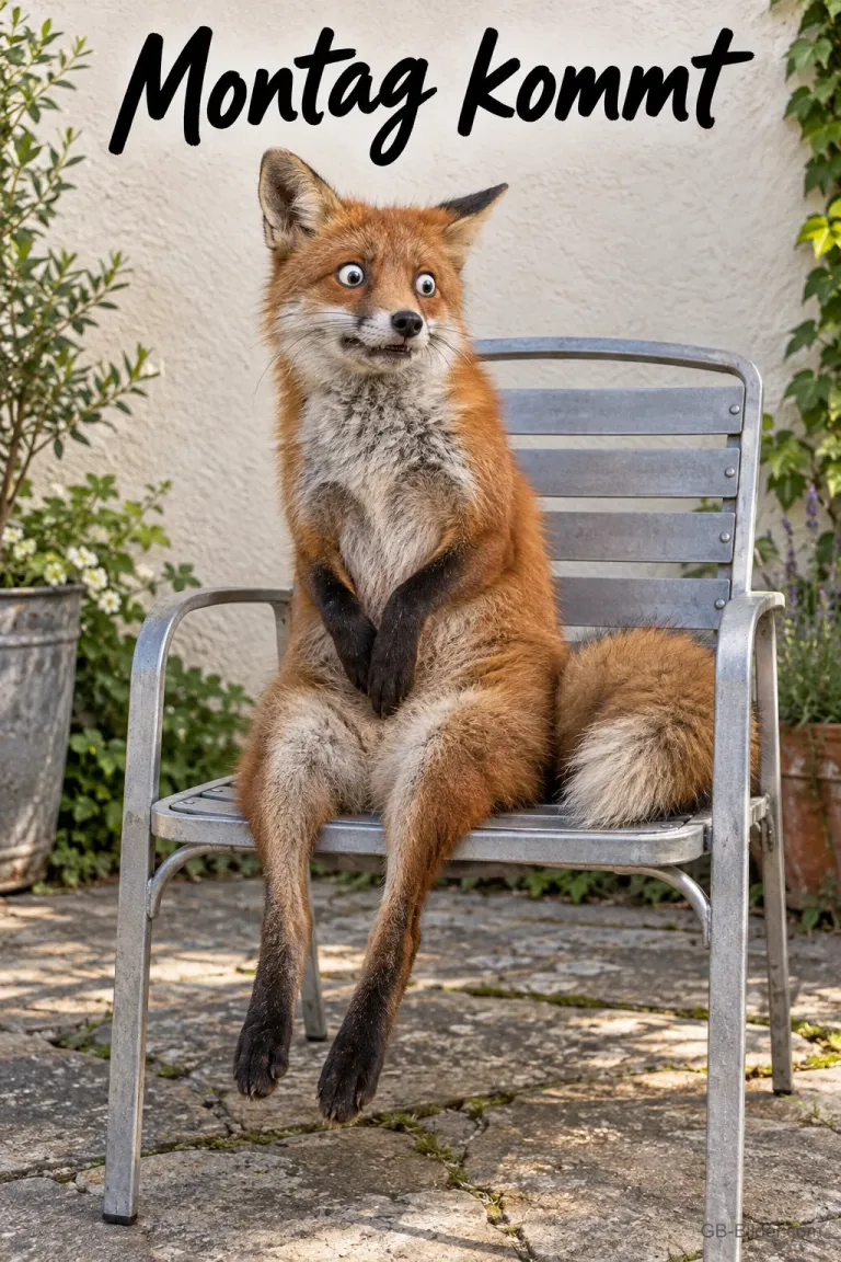 Fuchs sitzt mit großen Augen steif auf einem Gartenstuhl, Text: Montag kommt