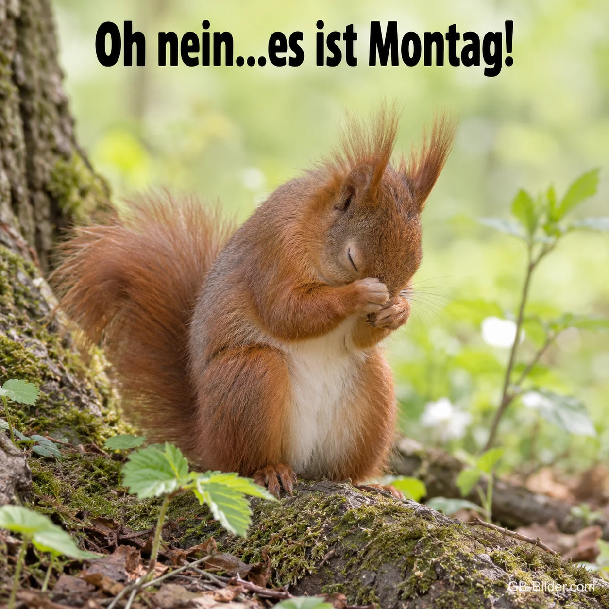 Eichhörnchen hält sich die Pfoten vors Gesicht, Text: Oh nein…es ist Montag!