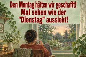 Frau sitzt mit Tasse am Fenster und schaut in den Garten, Text: Den Montag hätten wir geschafft! Mal sehen wie der "Dienstag" aussieht!