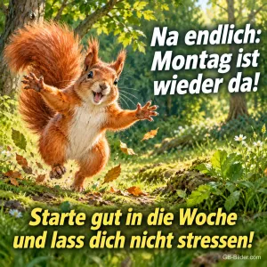 Eichhörnchen breitet jubelnd die Arme im Wald aus, Text: Na endlich: Montag ist wieder da! Starte gut in die Woche und lass dich nicht stressen!