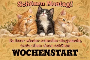 Drei Kätzchen sitzen nebeneinander, zwei reiben sich die Augen, Text: Schönen Montag! Da isser wieder schneller als gedacht, trotz allem einen schönen WOCHENSTART