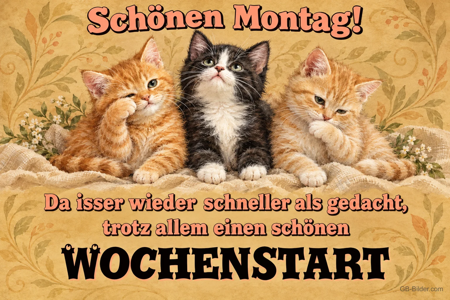 Drei Kätzchen sitzen nebeneinander, zwei reiben sich die Augen, Text: Schönen Montag! Da isser wieder schneller als gedacht, trotz allem einen schönen WOCHENSTART