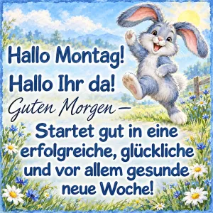 Fröhlicher blauer Hase springt über eine Blumenwiese mit Margeriten, Text: Hallo Montag! Hallo Ihr da! Guten Morgen – Startet gut in eine erfolgreiche, glückliche und vor allem gesunde neue Woche!
