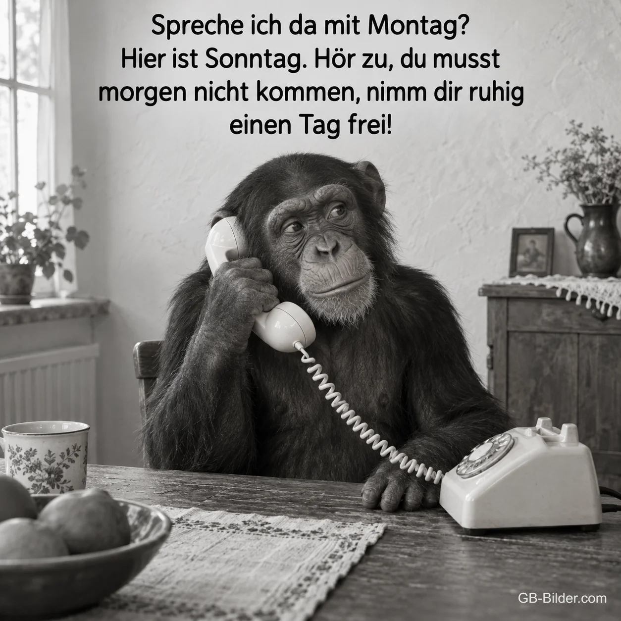 Schimpanse telefoniert mit einem alten Telefon am Küchentisch, Text: Spreche ich da mit Montag? Hier ist Sonntag. Hör zu, du musst morgen nicht kommen, nimm dir ruhig einen Tag frei!