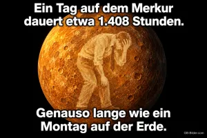 Planet Merkur mit der Silhouette eines erschöpften Mannes, Text: Ein Tag auf dem Merkur dauert etwa 1.408 Stunden. Genauso lange wie ein Montag auf der Erde.