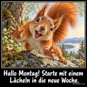 Eichhörnchen streckt grinsend die Pfoten zur Kamera auf einem Felsen am See, Text: Hallo Montag! Starte mit einem Lächeln in die neue Woche.
