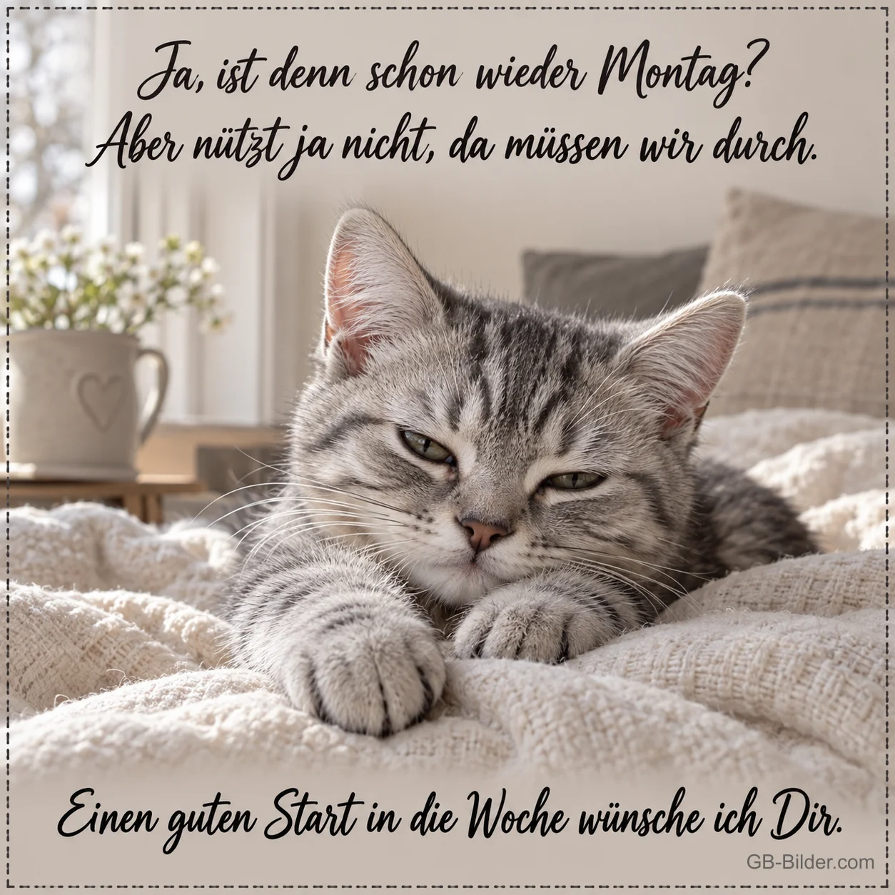 Getigertes Kätzchen liegt müde auf einer Decke, Text: Ja, ist denn schon wieder Montag? Aber nützt ja nicht, da müssen wir durch. Einen guten Start in die Woche wünsche ich Dir.
