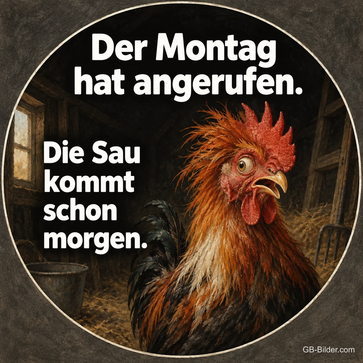 Erschrockener Hahn im Stall, Text: Der Montag hat angerufen. Die Sau kommt schon morgen.