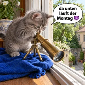 Graues Kätzchen schaut durch ein Messingfernrohr aus dem Fenster, Text: da unten läuft der Montag 😈