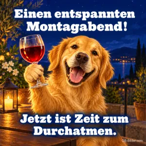 Golden Retriever prostet mit Rotweinglas am Abend, Text: Einen entspannten Montagabend! Jetzt ist Zeit zum Durchatmen.
