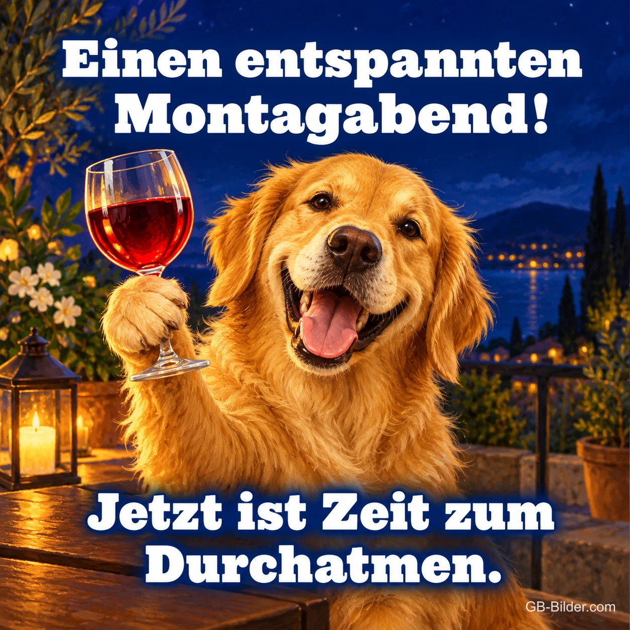 Golden Retriever prostet mit Rotweinglas am Abend, Text: Einen entspannten Montagabend! Jetzt ist Zeit zum Durchatmen. Golden Retriever prostet mit Rotweinglas am Abend, Text: Einen entspannten Montagabend! Jetzt ist Zeit zum Durchatmen.