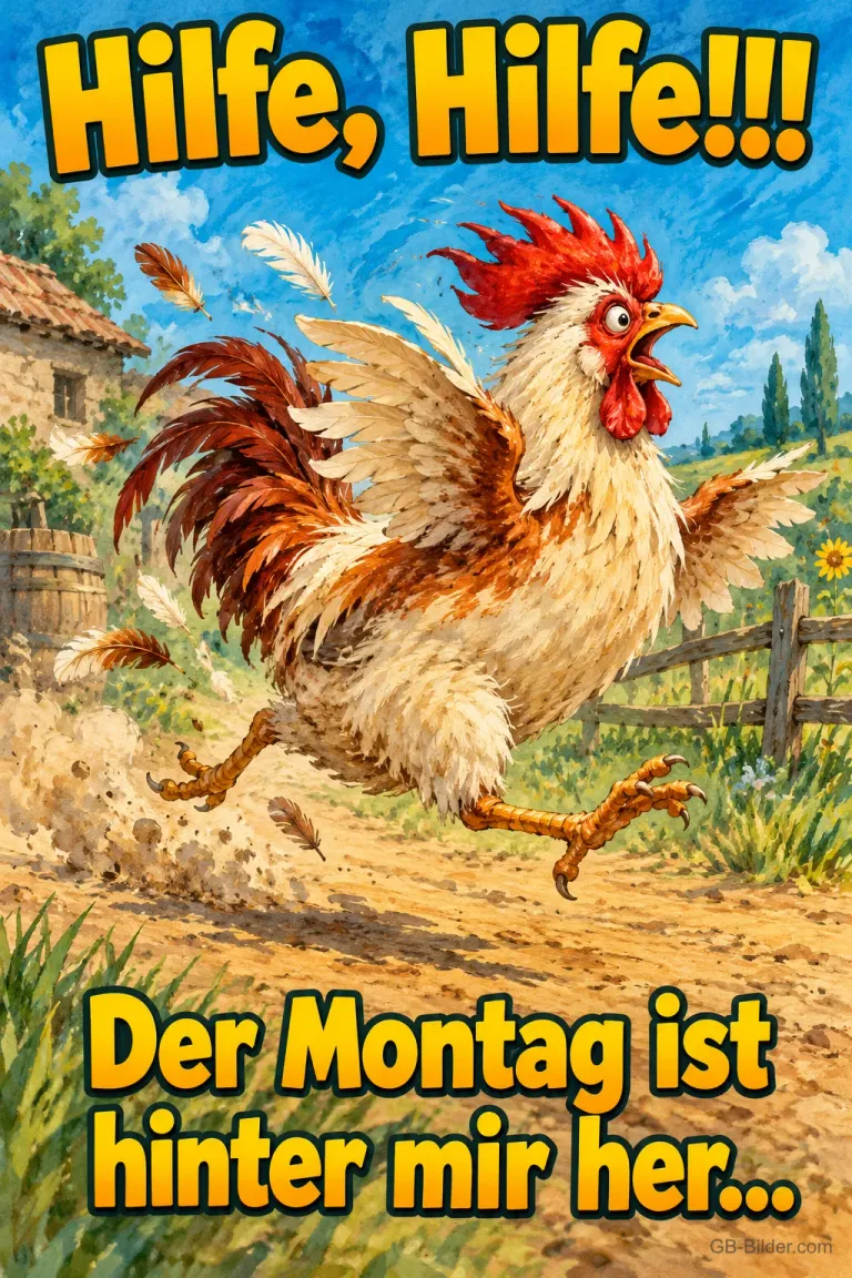 Hahn rennt mit flatternden Federn einen Feldweg entlang, Text: Hilfe, Hilfe!!! Der Montag ist hinter mir her…