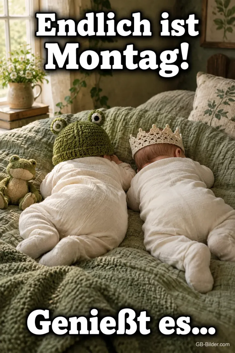 Zwei Babys mit Froschmütze und Krone liegen auf einer Decke, Text: Endlich ist Montag! Genießt es…