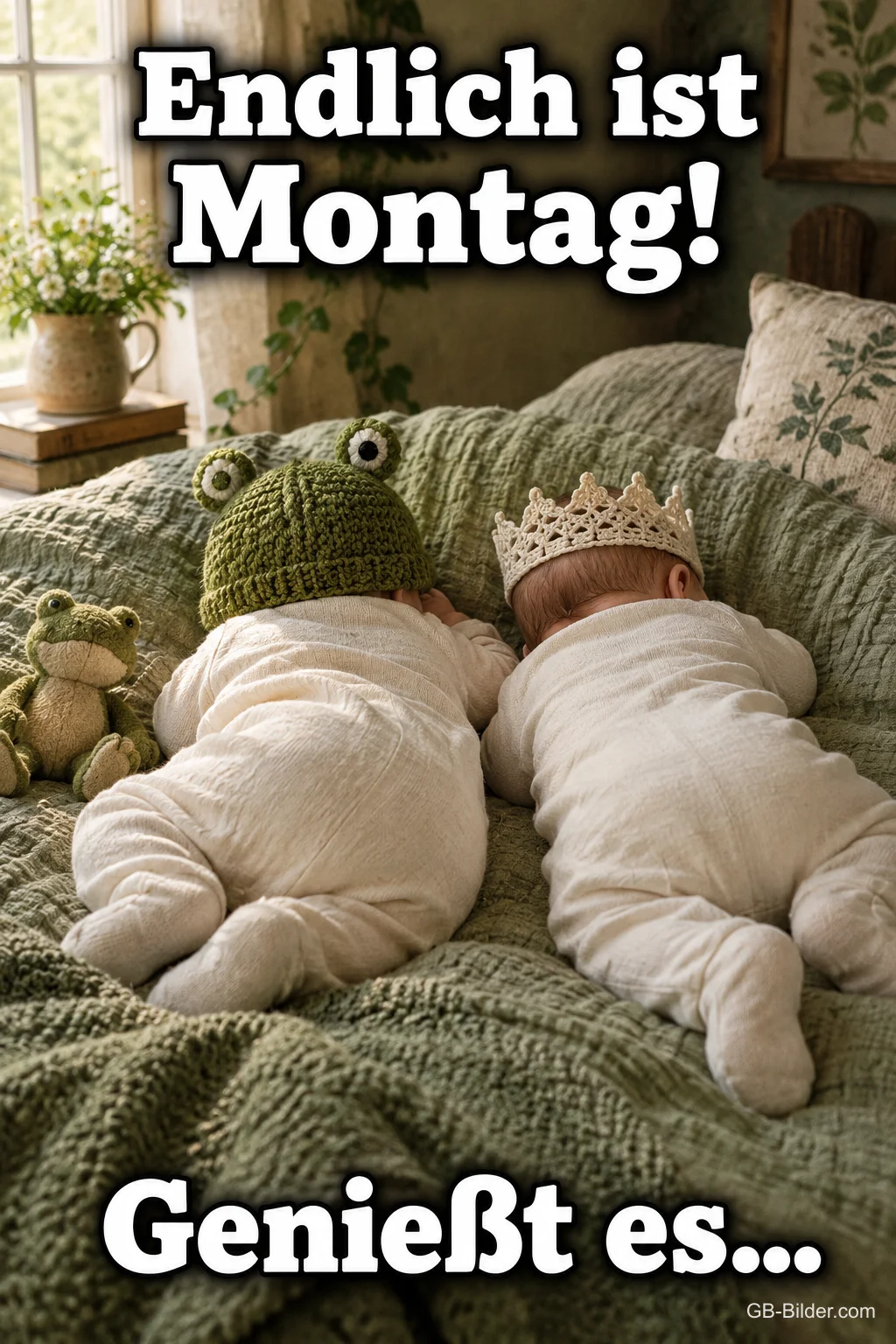 Zwei Babys mit Froschmütze und Krone liegen auf einer Decke, Text: Endlich ist Montag! Genießt es…