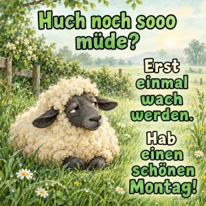 Müdes Schaf liegt auf einer Wiese, Text: Huch noch sooo müde? Erst einmal wach werden. Hab einen schönen Montag!