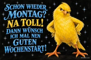 Gelbes Küken stemmt grimmig die Flügel in die Hüften vor Sternenhimmel, Text: SCHON WIEDER MONTAG? NA TOLL! DANN WÜNSCH ICH MAL NEN GUTEN WOCHENSTART!