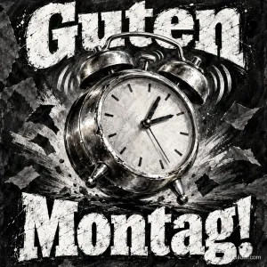 Klingelnder alter Wecker in Schwarz-Weiß, Text: Guten Montag!