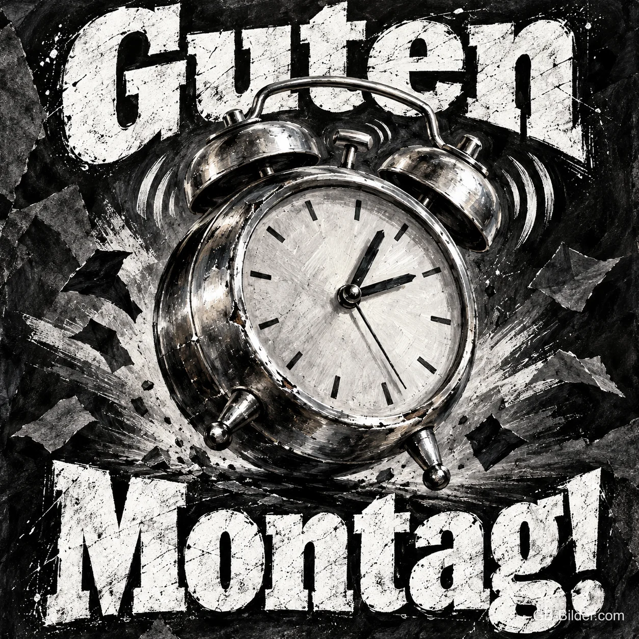 Klingelnder alter Wecker in Schwarz-Weiß, Text: Guten Montag!