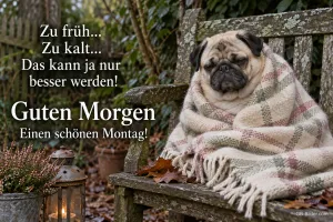 Mops in eine karierte Decke gewickelt auf einer Gartenbank, Text: Zu früh… Zu kalt… Das kann ja nur besser werden! Guten Morgen – Einen schönen Montag!