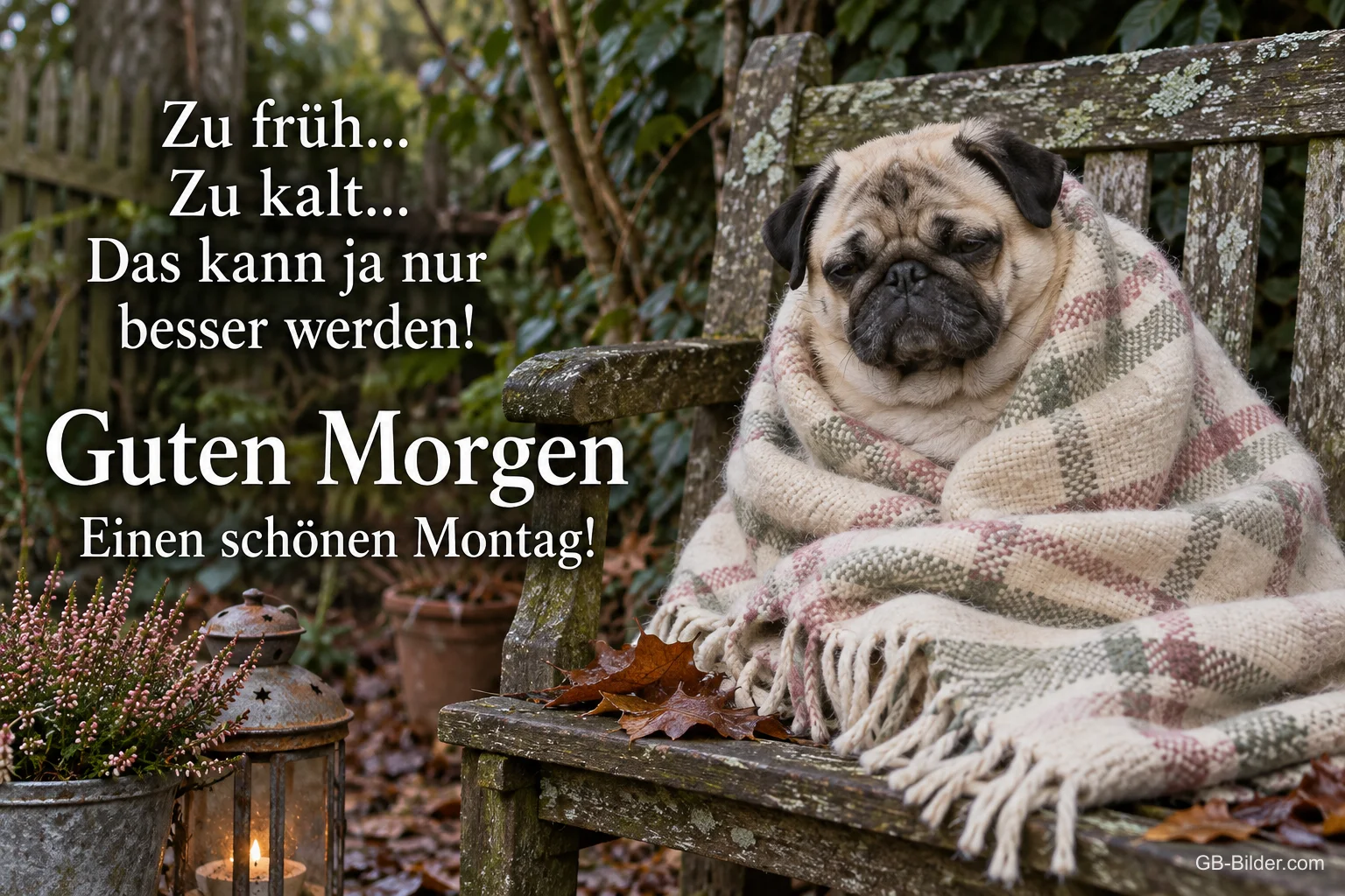 Mops in eine karierte Decke gewickelt auf einer Gartenbank, Text: Zu früh… Zu kalt… Das kann ja nur besser werden! Guten Morgen – Einen schönen Montag!
