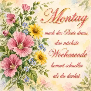 Bunte Blumenranken mit roter Schrift, Text: Montag – mach das Beste draus, das nächste Wochenende kommt schneller als du denkst.