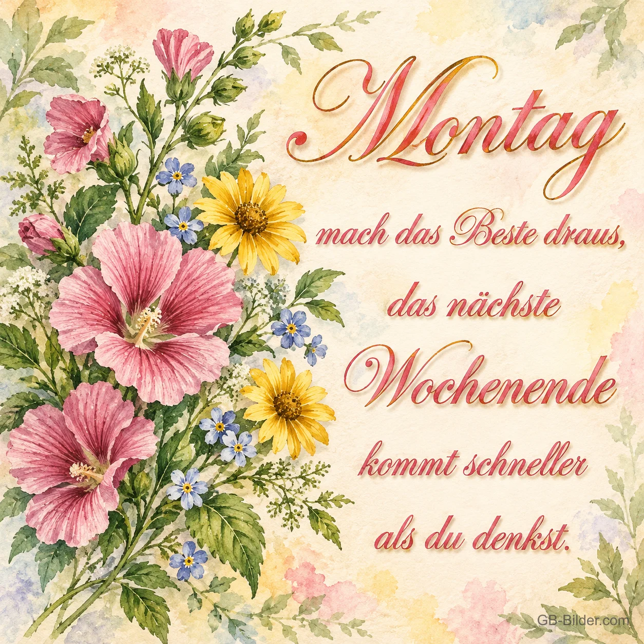 Bunte Blumenranken mit roter Schrift, Text: Montag – mach das Beste draus, das nächste Wochenende kommt schneller als du denkst.