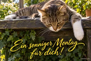 Getigerte Katze döst über einem Holzbalken im Garten, Text: Ein sonniger Montag für dich!