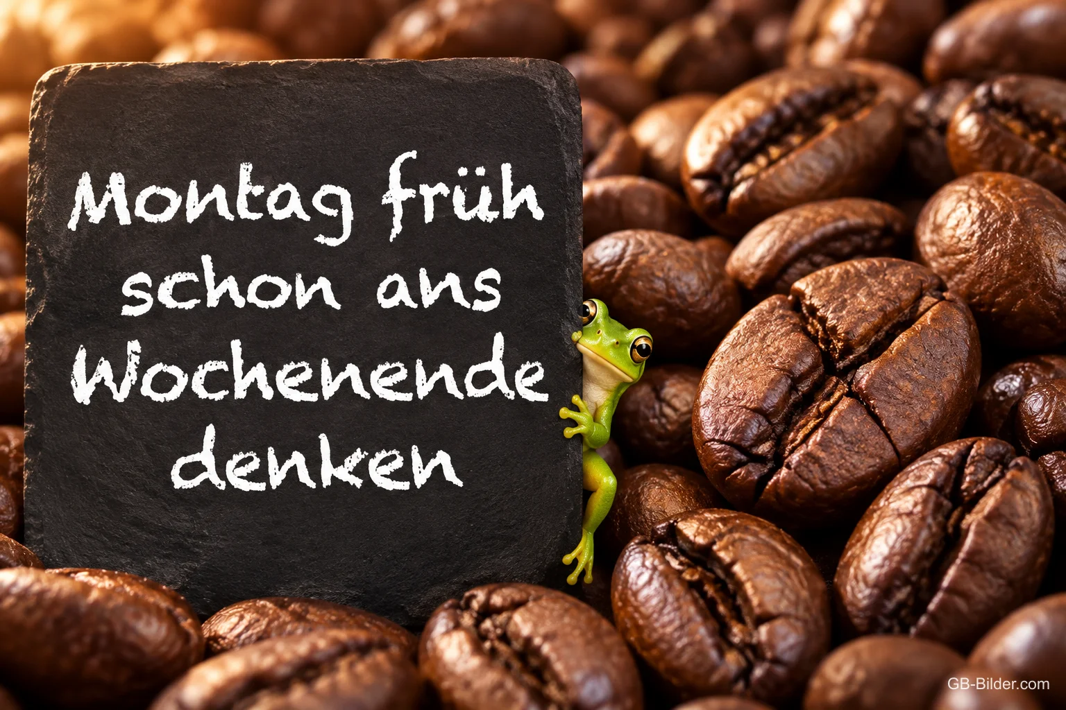 Kleiner Frosch klettert an einer Tafel zwischen Kaffeebohnen, Text: Montag früh schon ans Wochenende denken