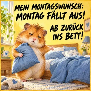 Mürrischer Hamster hält ein Kissen vor dem Bett, Text: MEIN MONTAGSWUNSCH: MONTAG FÄLLT AUS! AB ZURÜCK INS BETT!