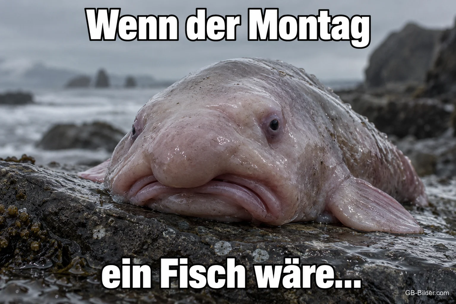 Blobfisch liegt traurig auf einem Felsen am Meer, Text: Wenn der Montag ein Fisch wäre…