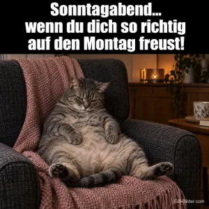 Dicke Katze sitzt mürrisch im Sessel, Text: Sonntagabend… wenn du dich so richtig auf den Montag freust!