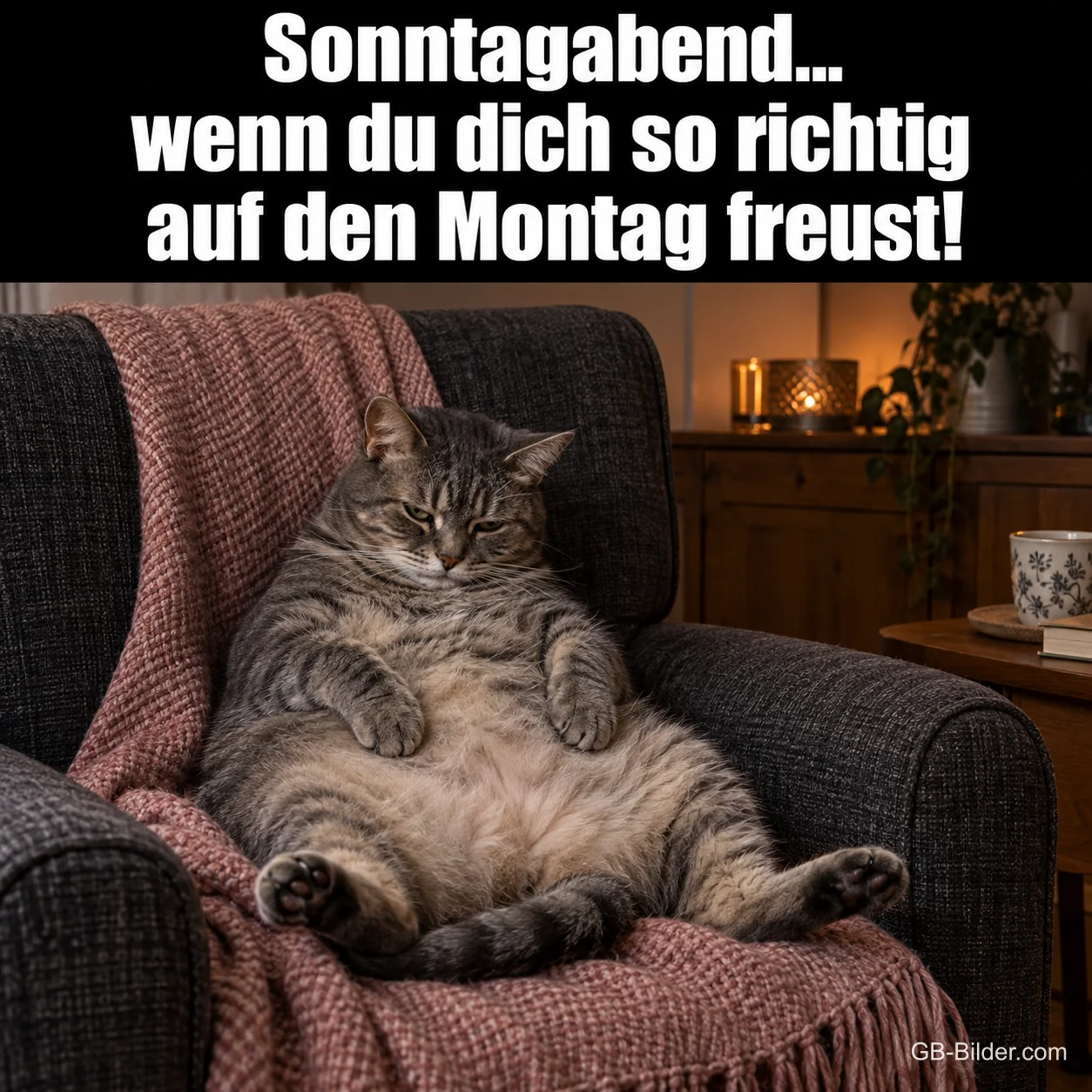 Dicke Katze sitzt mürrisch im Sessel, Text: Sonntagabend… wenn du dich so richtig auf den Montag freust!