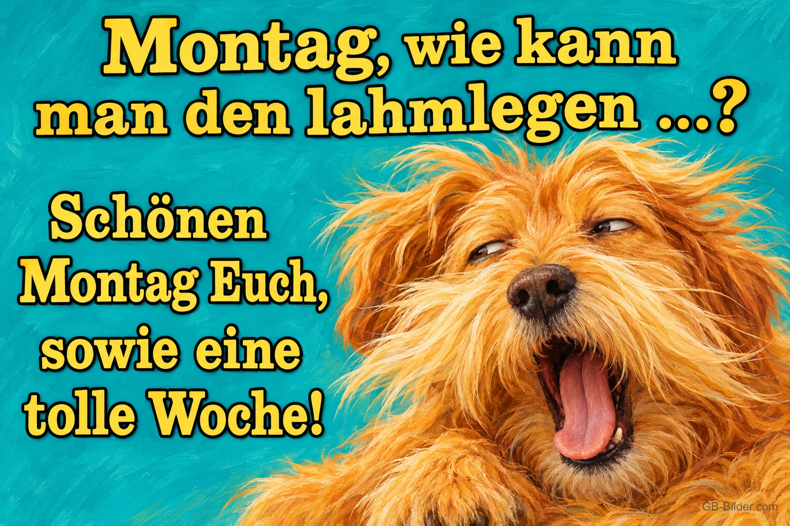 Zotteliger roter Hund gähnt herzhaft vor türkisem Hintergrund, Text: Montag, wie kann man den lahmlegen …? Schönen Montag Euch, sowie eine tolle Woche!