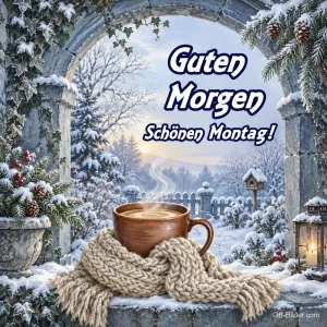 Tasse Tee in einem Strickschal vor einem verschneiten Torbogen, Text: Guten Morgen – Schönen Montag!