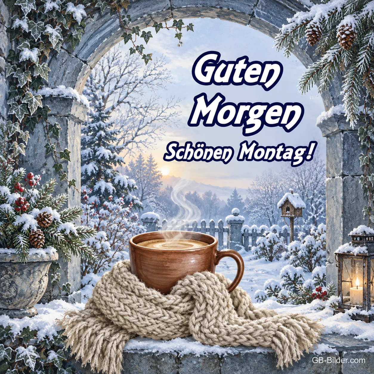 Tasse Tee in einem Strickschal vor einem verschneiten Torbogen, Text: Guten Morgen – Schönen Montag!